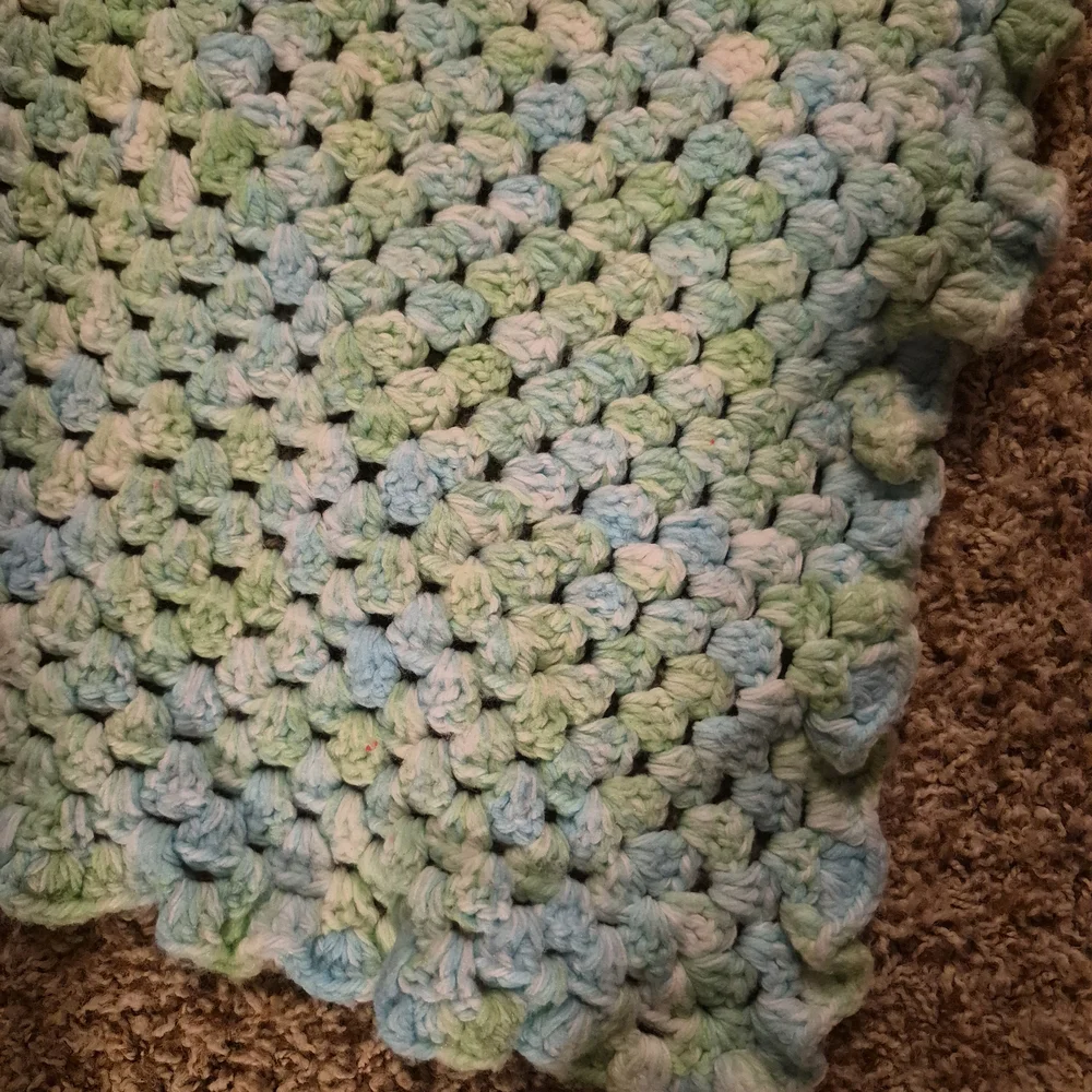 Vintage 70s Pastel Crochet Granny Stripe Afghan Baby Blanket 39x39 Scalloped Edg